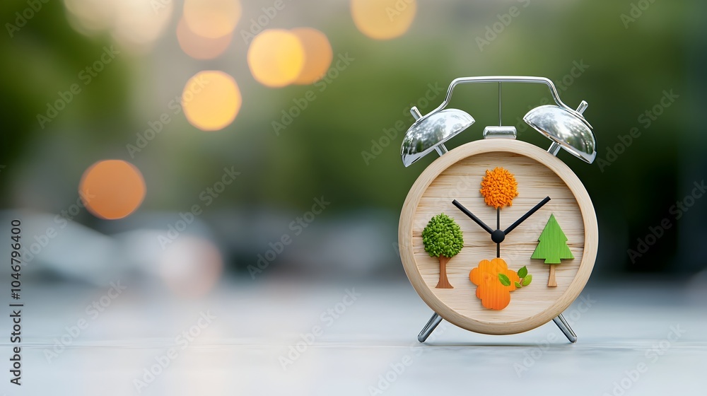 Poster wooden alarm clock showcasing the four seasons in a fantastical glowing design with warm bokeh effec