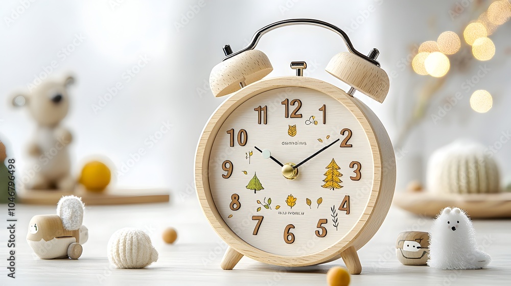 Poster wooden vintage alarm clock with intricate seasonal details surrounded by a dreamy soft bokeh glow th