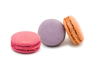 Sweet colorful varied assortment macarons cookies with filling isolated on a white background. Handmade traditional sweets. Clipping Path.	