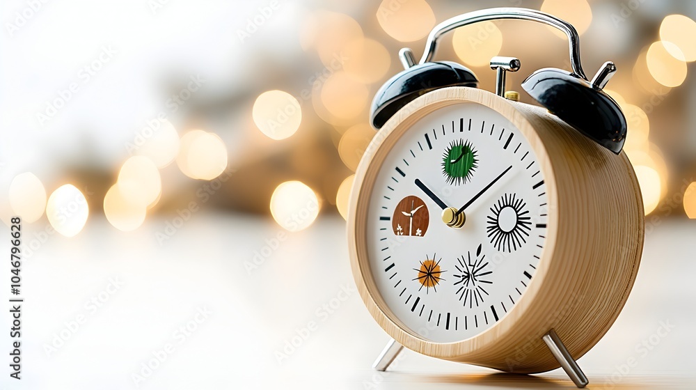 Poster enchanting wooden alarm clock with seasonal symbols and warm bokeh glow a fantasy inspired timepiece