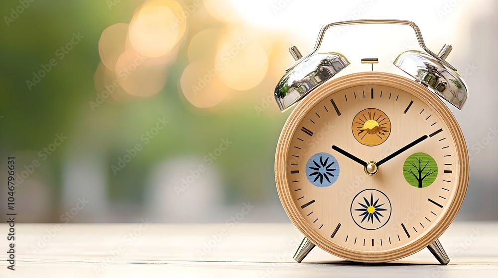 Poster enchanting wooden alarm clock with seasonal symbols in warm ethereal glow a conceptual fantasy inspi