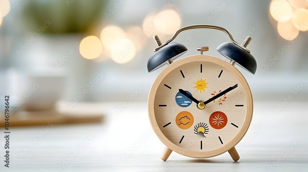Poster wooden alarm clock featuring a dial representing the four seasons surrounded by a warm dreamlike bok