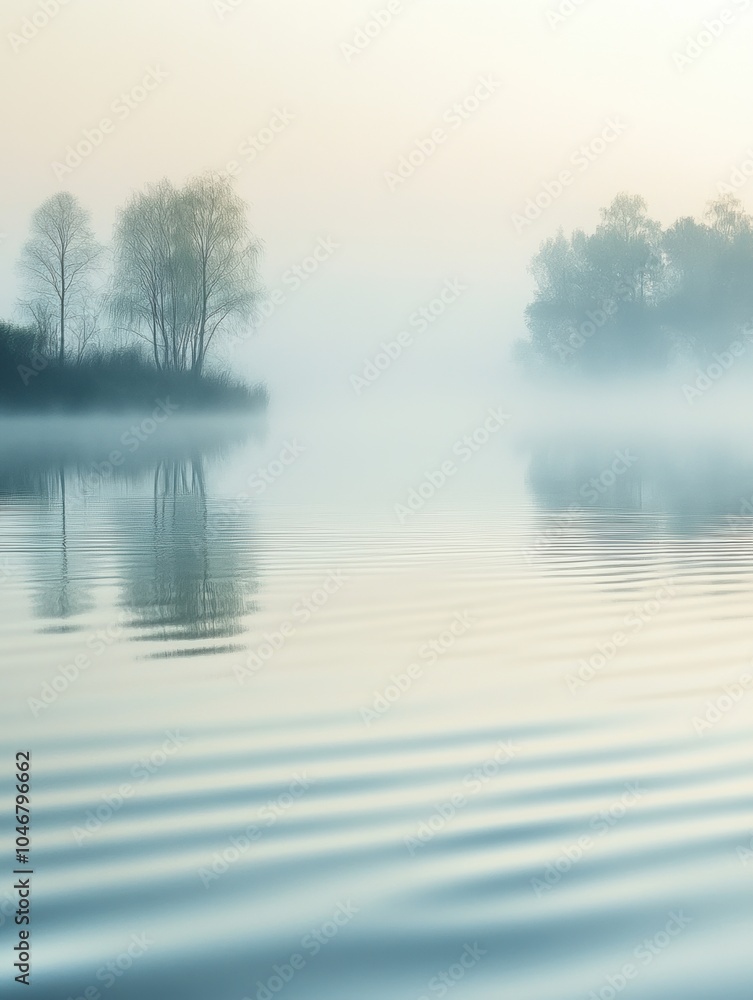 Poster The calm lake reflects misty trees along the shore, creating a peaceful atmosphere in the early morning hours. Generative AI