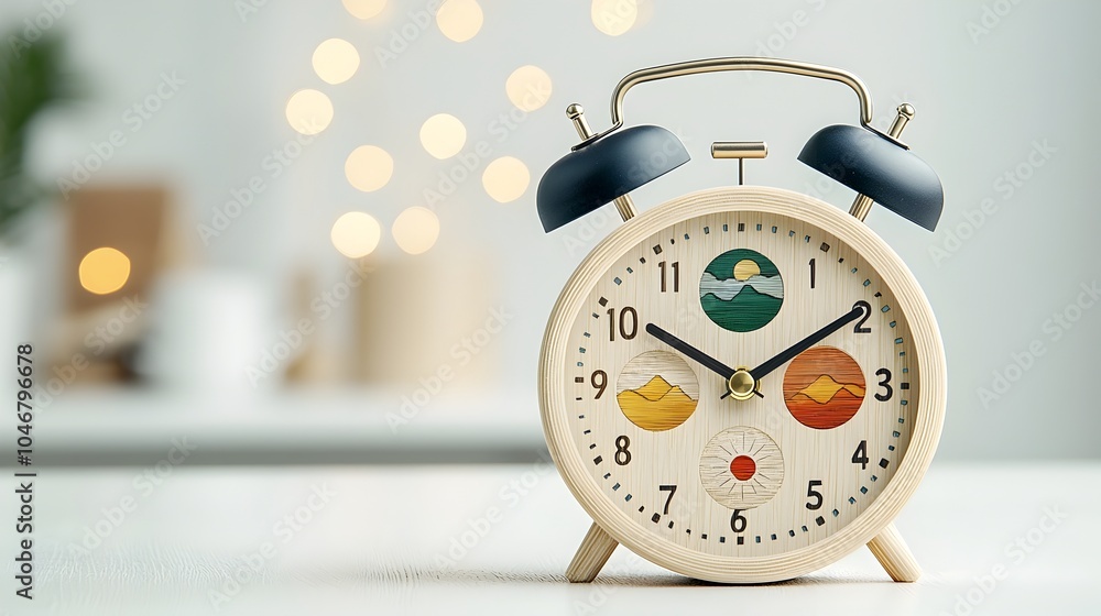 Aufkleber wooden alarm clock featuring four seasons motif on its dial surrounded by a warm dreamlike bokeh glo