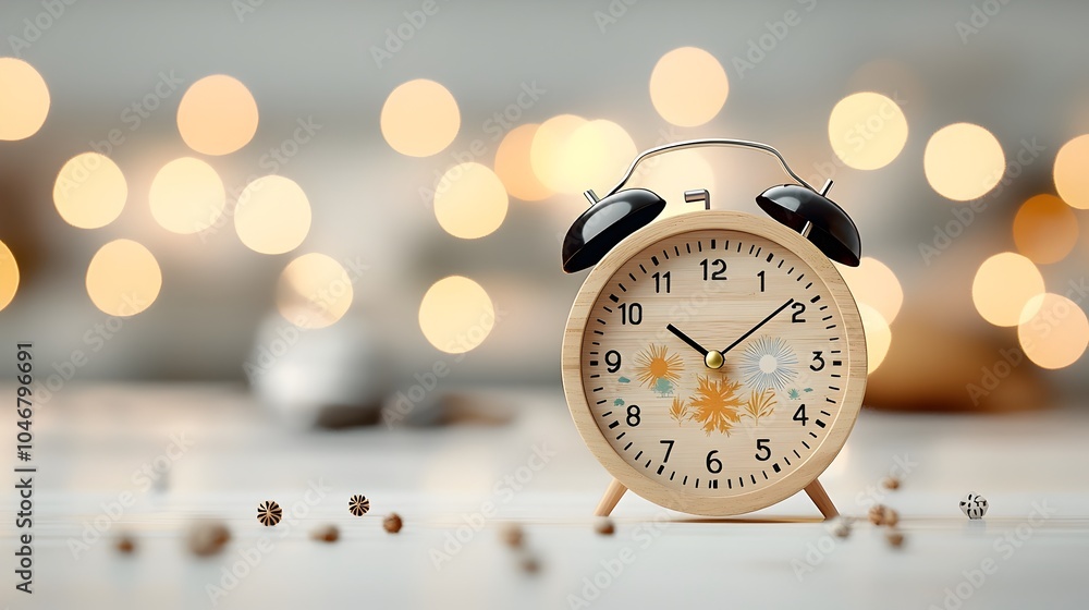 Poster wooden alarm clock featuring four seasons on its dial surrounded by a warm dreamlike bokeh glow symb