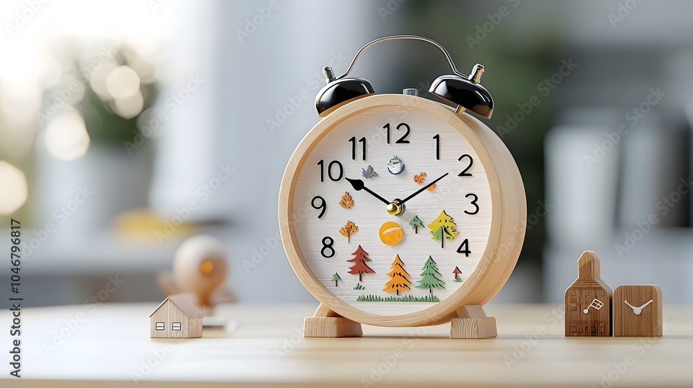 Poster enchanting wooden seasonal alarm clock with glowing ethereal bokeh lighting a fantasy timepiece refl