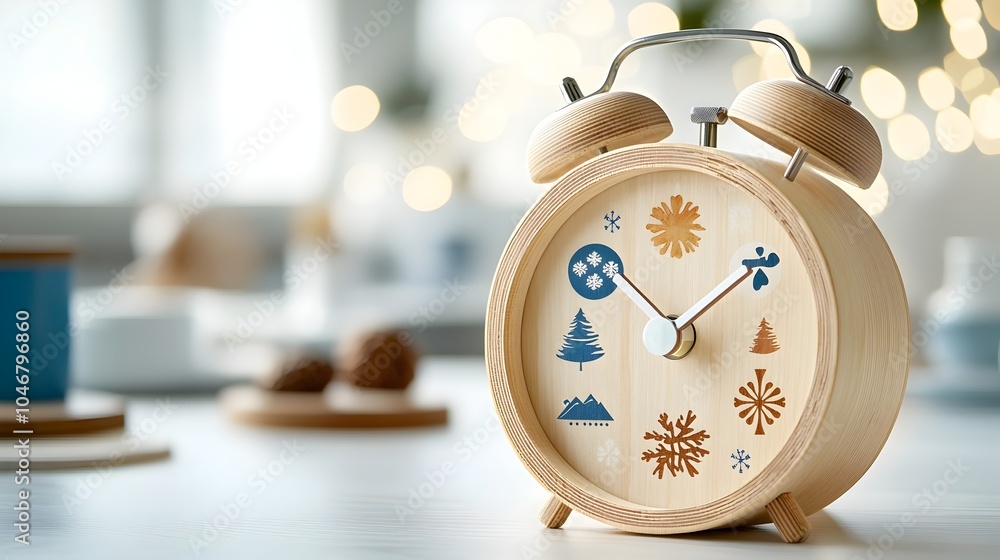 Poster glowing wooden alarm clock with seasonal symbols surrounded by a fantasy inspired bokeh lighting sho