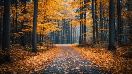 Fototapeta premium Forest trail with a canopy of yellow leaves