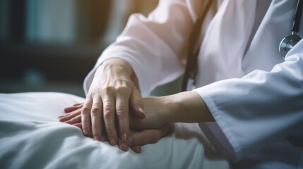 Fototapeta premium Photograph of a compassionate female doctor gently placing her hand on a patient's shoulder,