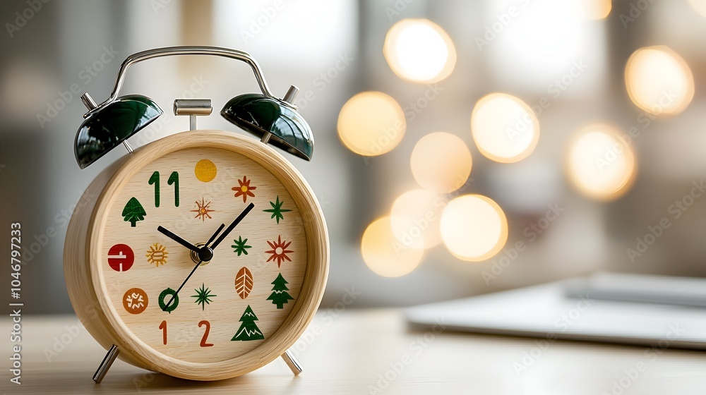 Poster a close up view of a warm glowing wooden alarm clock adorned with seasonal symbols surrounded by a d