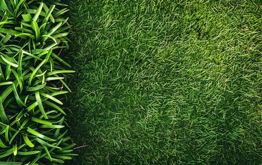 Partially mowed lawn, half cut grass with a strip. Drone shot, copy space. Green fresh soccer field half short half tall. Top view backyard background. Nature poster, minimalistic design. AI generated