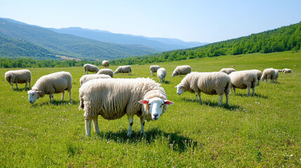 Fototapeta premium Peaceful sheep grazing on green pasture in scenic mountain landscape on a sunny day