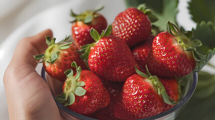 Fresh, vibrant strawberries in a glass bowl, held by a hand, showcasing their juicy texture and bright color. Perfect for healthy snacking.