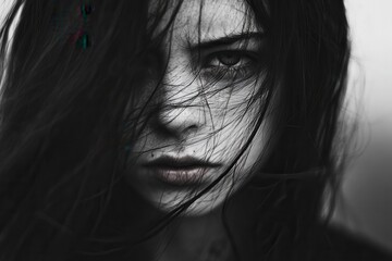 Mysterious woman with intense gaze windswept hair