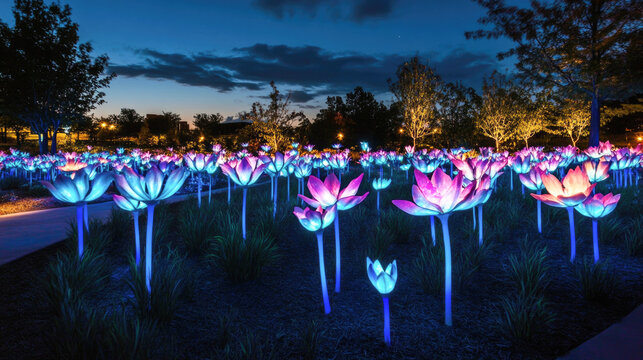 Enchanting nighttime garden with glowing led flowers and ambient sky