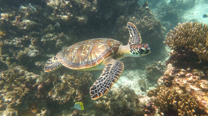 Obraz premium Majestic sea turtle exploring vibrant coral reefs underwater in pristine ocean habitat