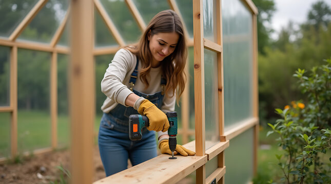Une femme en tenue de travail utilisant une perceuse pour assembler une serre en bois dans son jardin 