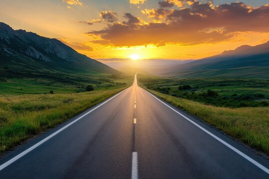 A long, straight road stretches into the distance, disappearing into a vibrant sunset over a mountain range.