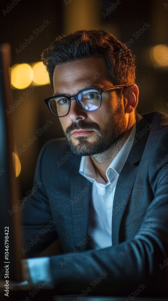 Poster a man wearing glasses and a suit is sitting in front of a computer