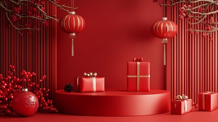 Traditional Chinese New Year red pedestal and lanterns poster background