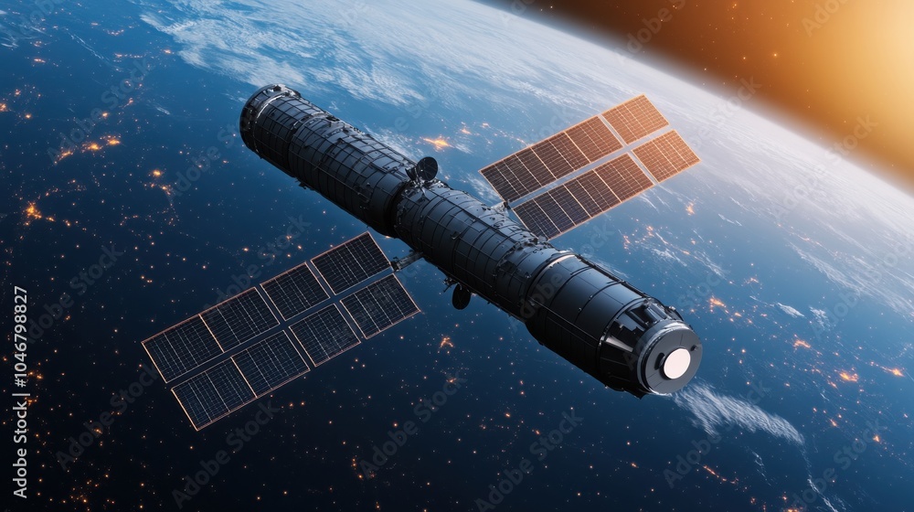 Poster detailed view of space station with solar arrays