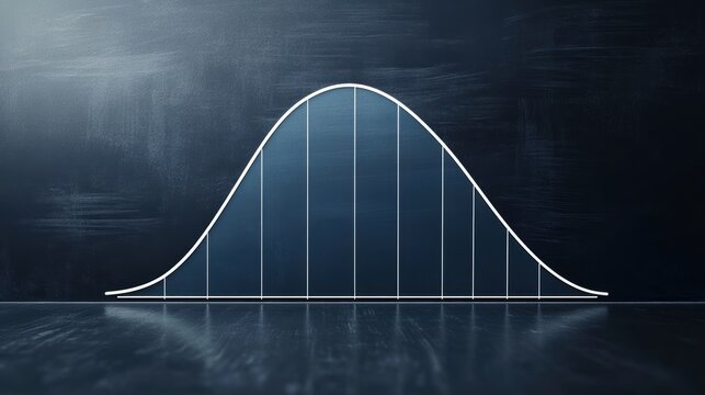 3D normal distribution curve on dark background A 3D representation of a normal distribution curve displayed on a dark chalkboard-like background, symbolizing statistical and data analysis concepts