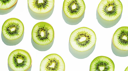 Fototapeta premium Fresh kiwi slices pattern on white background with vibrant green colors