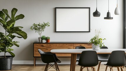Elegant dining room with a blank frame on the sideboard