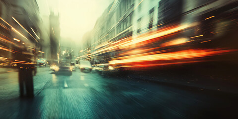 Dynamic urban scene with blurred lights and cityscape motion on a rainy evening