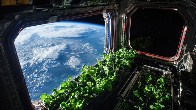 Greenhouse garden in space station with earth view through window - Powered by Adobe