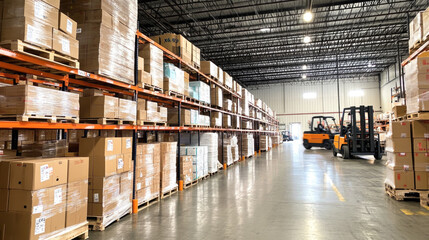 Modern warehouse interior with shelves stacked with boxes and moving forklift in action