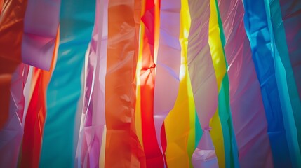 Colorful plastic strips hanging from above. The colors are vibrant and bright. The strips are of different lengths and widths.