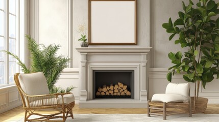 Elegant living room with an empty frame above the mantel