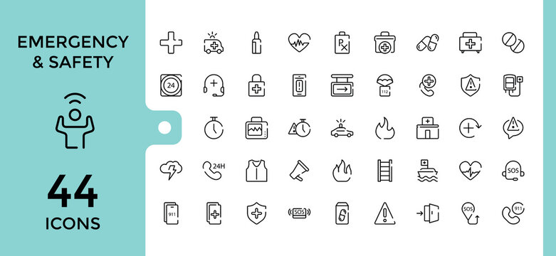 Emergency line icons collection. Featuring security, urgency, emergency, service, protection and more. Simple web icons set. Editable vector stroke.
