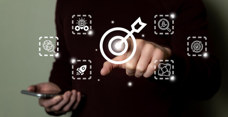 Concept of objective, strategy, plan, action, investment and business growth.