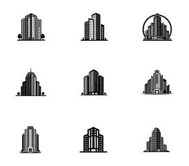 Obraz premium Collection of city buildings logo. Modern building logo set. Building construction template. Icon set