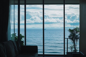 A serene view of the ocean through a large glass window, with soft clouds reflected above and a hint of greenery indoors, evoking calmness and tranquility.