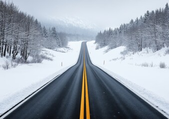 Fototapeta premium A snow-covered road leads through frosty trees, creating a serene winter landscape with a clear path stretching into the distance.