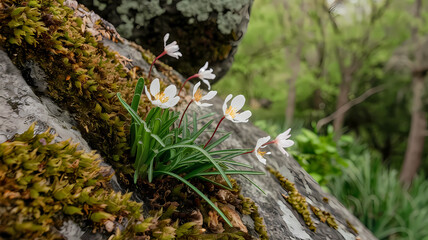 Fototapeta premium Delicate white flowers bloom on a moss-covered rock, surrounded by lush greenery in a tranquil outdoor setting.
