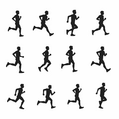 Black and white vector illustration of running men silhouettes playing soccer on a football field