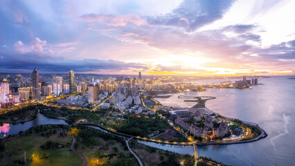 , hainan province, island, haikou, china, aerial photography, city skyline, city, building, architecture, background, landscape,