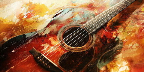 Vibrant acoustic guitar surrounded by abstract colorful paint strokes in artistic expression