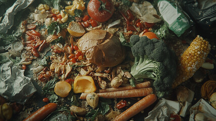 Colorful variety of fresh vegetables and discarded food items on a rustic wooden table