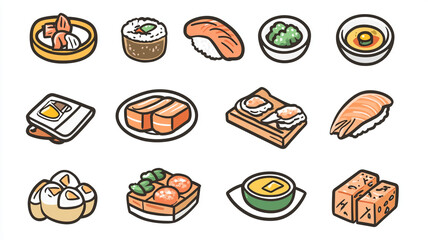 Delicious sushi and Asian cuisine assortment presented in a colorful, artistic style