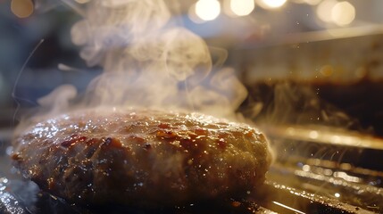 A sizzling juicy beef patty on a hot grill with smoke rising from it.