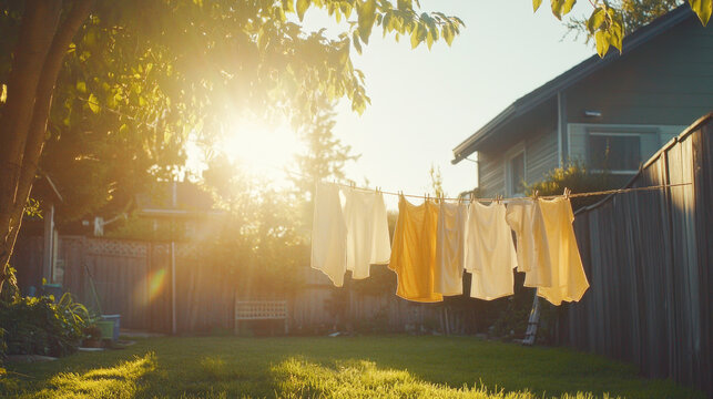 Sunny backyard with clothesline and freshly washed clothes hanging in the warm afternoon light