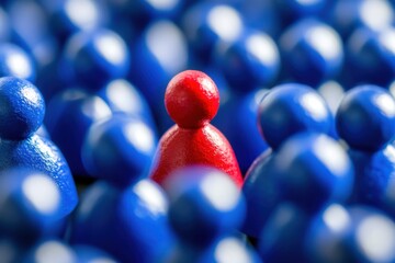 Singular red figure blue pawns symbolizing leadership individuality