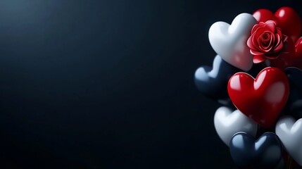 Red and white hearts with a single rose on a dark background.