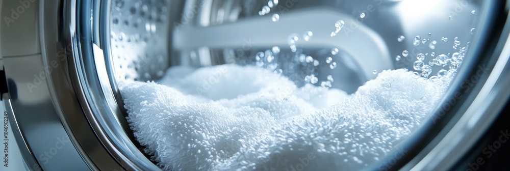 Poster the washing machine drum is filled with soft, white towels as water bubbles during a cleaning cycle 