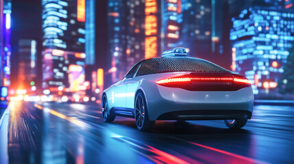 Futuristic electric car in neon-lit city at night with motion blur